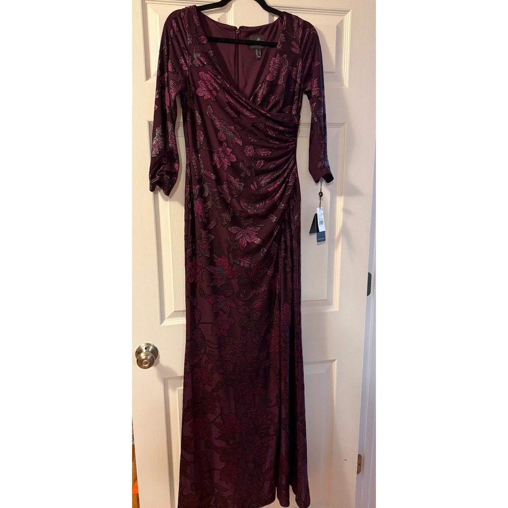 Adrianna Papell Wildberry Floral Jersey Draped Gown Metallic Maxi Dress 4 NWT